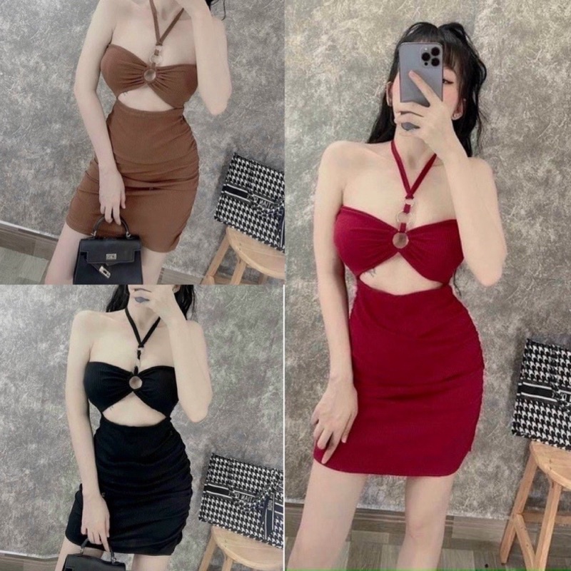 Đầm body 3 khoen gân len from ngắn (có mút đệm ngực)