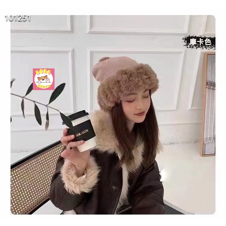 Mũ len quả bông nhiều màu mix lông thỏ mềm mịn ấm áp