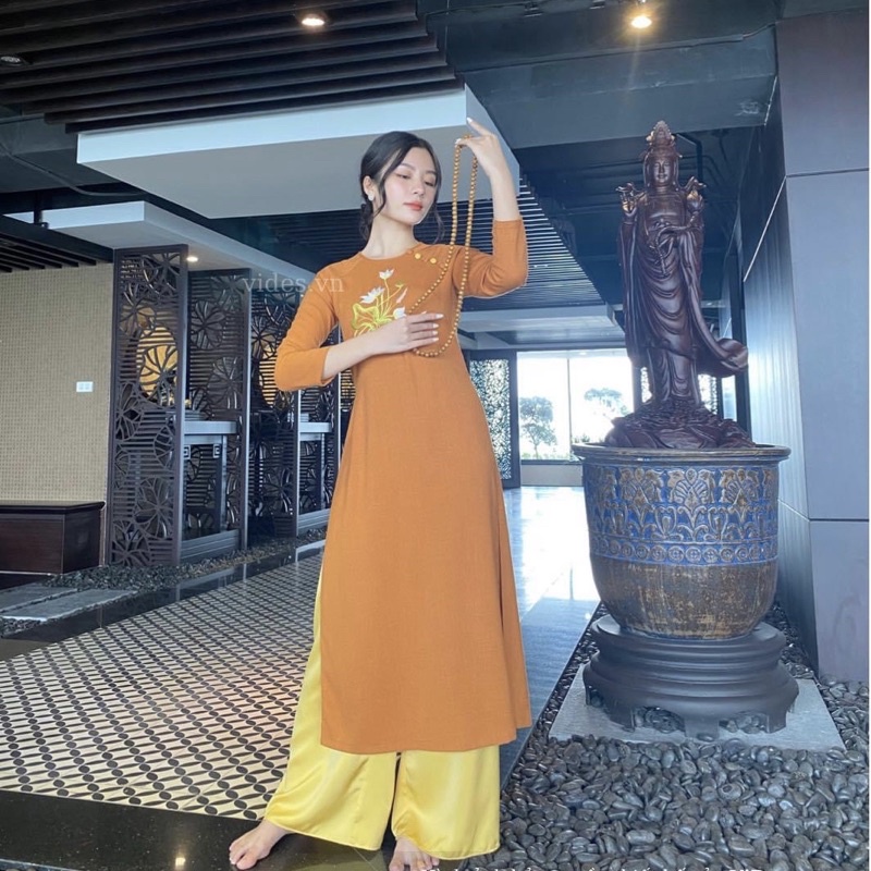 Áo Dài Đi Lễ Chùa_Áo Dài Cách Tân Thêu Thủ Công Tinh Tế[Áo Lam Đi Lễ Chùa]