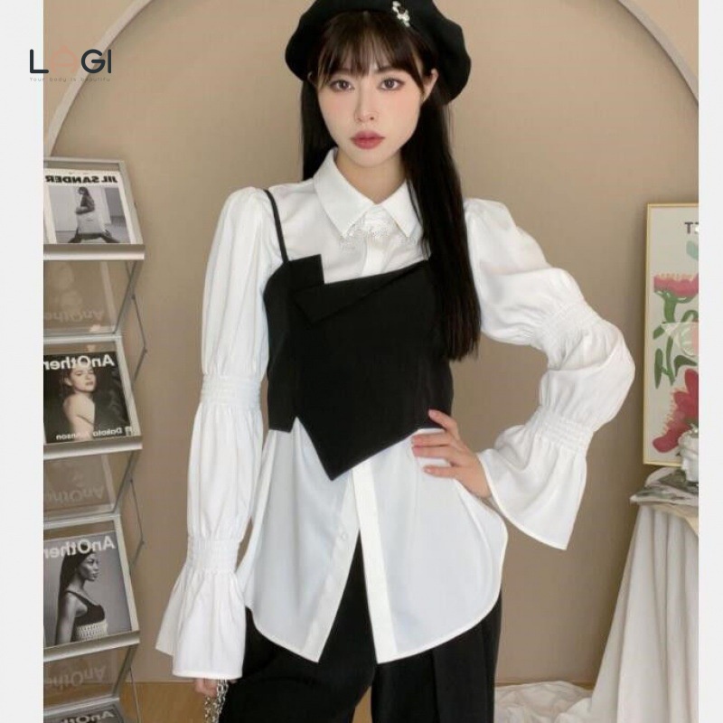Set Áo Sơ mi trắng kèm áo quai đen ôm ngực BIGSIZE từ 40KG đến 90KG - LAGI BIGSIZE