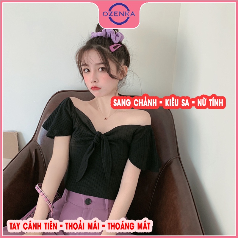 Áo croptop ngắn tay cánh tiên nữ OZENKA , áo thun ôm trễ vai gợi cảm nữ tính thun gân 100% cotton đen trắng dưới 50kg