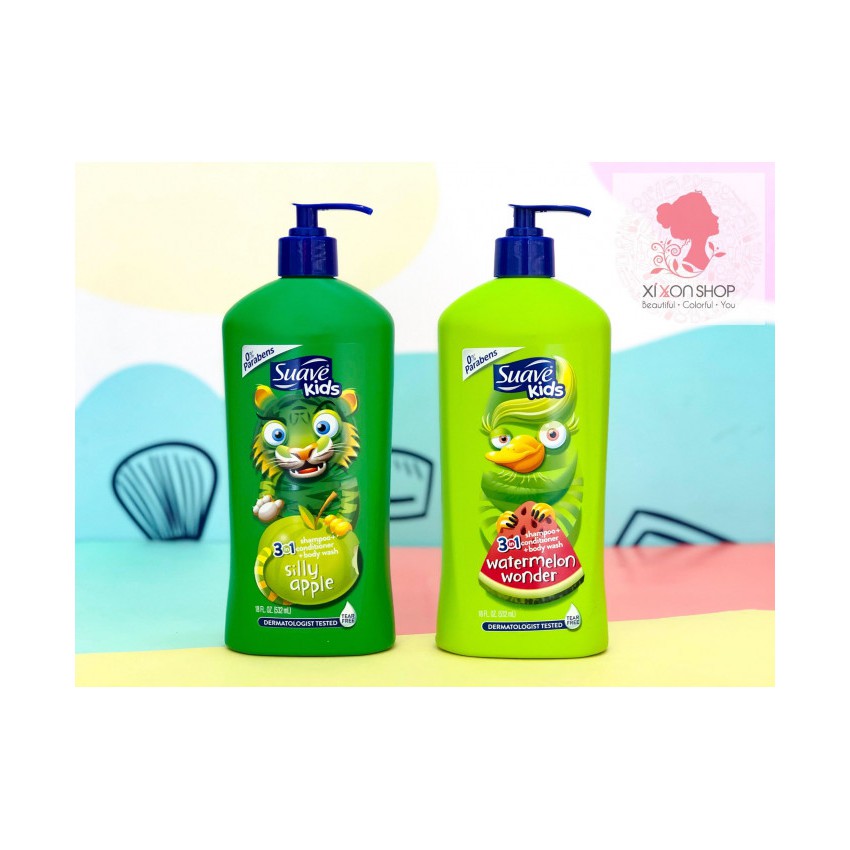 Sữa tắm gội xả Suave Kids 3 in 1 mẫu mới chai có vòi 532ml