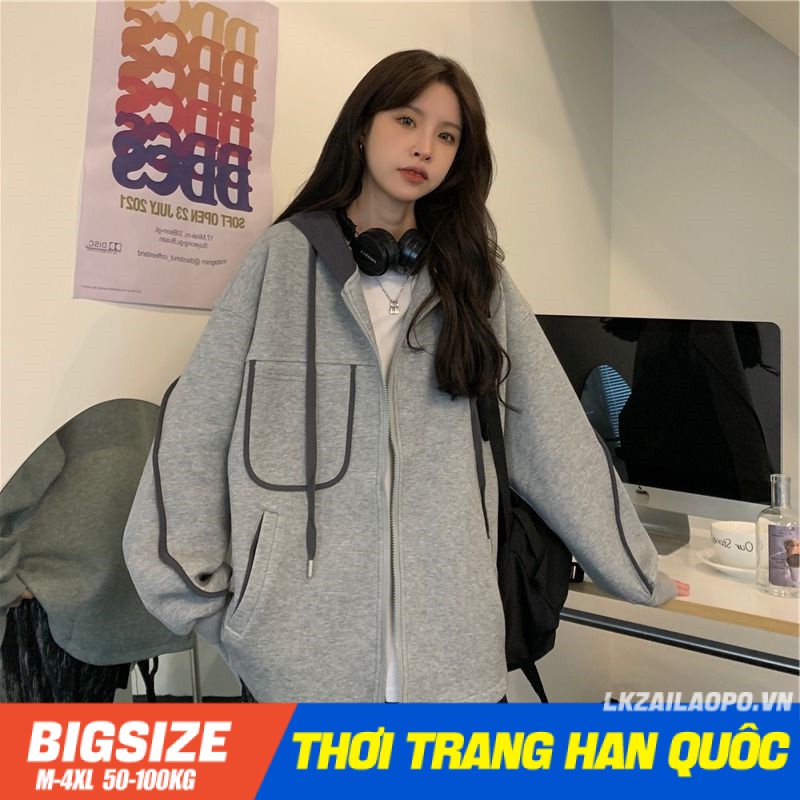 Áo nỉ hoodie khoác Bigsize Áo cardigan nữ dáng suông tay dài thiết kế khoá kéo mùa thu Phong cách Hàn Quốc Thời Trang cá tính xinh đẹp cho người mập béo nữ
