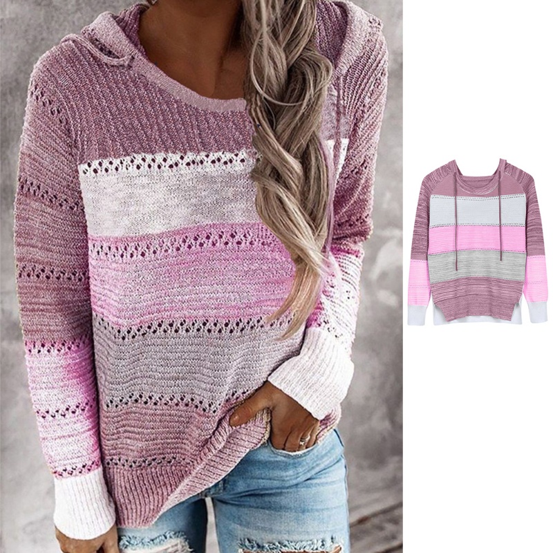 Áo Sweater Dệt Kim Cổ Tròn Tay Dài Họa Tiết Kẻ Sọc Khoét Lỗ Thời Trang Cho Nữ