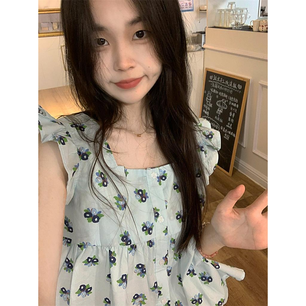 Áo Kiểu Cổ Vuông Tay Cánh Tiên Họa Tiết Hoa Nhỏ Xinh Xắn 63192