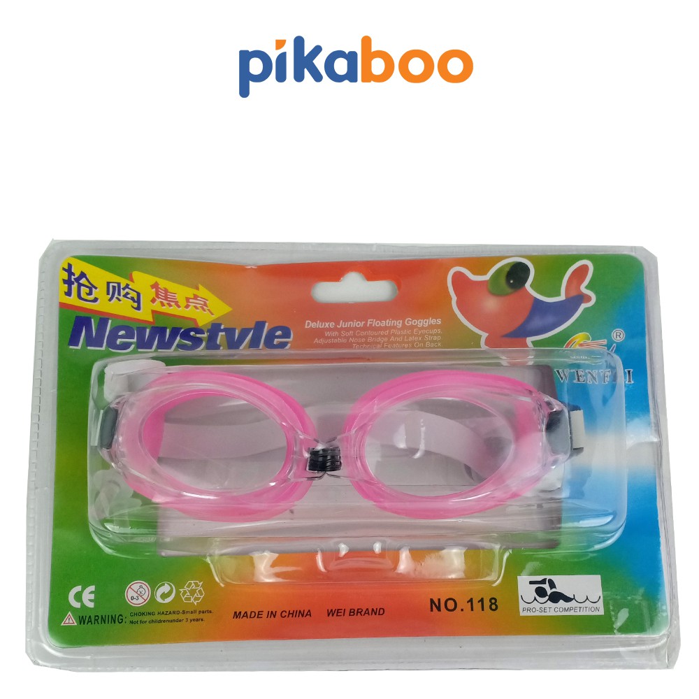 Kính bơi Pikaboo kèm 2 nút tai và 1 kẹp mũi, chất liệu nhựa và silicone không gây kích ứng da, chống nước tuyệt đối