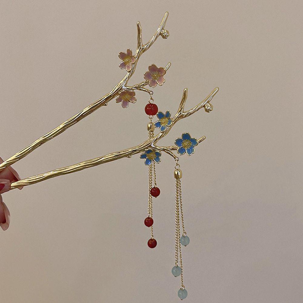 Trâm Cài Tóc 15H Bằng Kim Loại Hình Hoa Mận Phối Tua Rua Phong Cách Trung Hoa Cổ Điển Cho Nữ