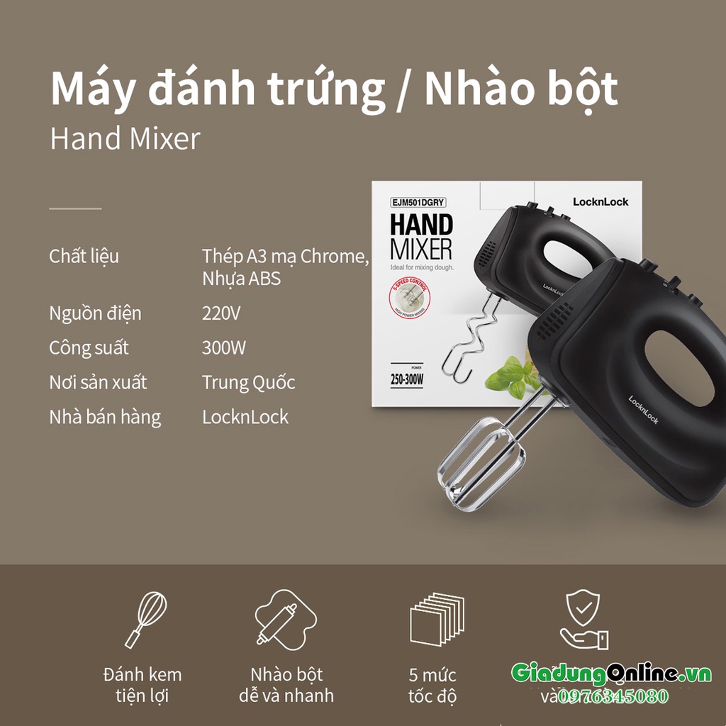 [Lock&amp;Lock] Máy Đánh Trứng, Trộn Bột LocknLock Hand Mixer EJM501DGRY