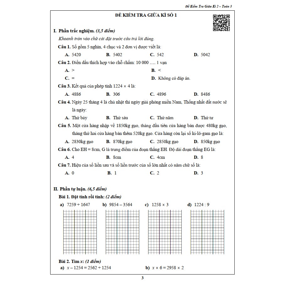 Sách - Đề Kiểm Tra Toán 3 - Học Kì 2 (1 cuốn)