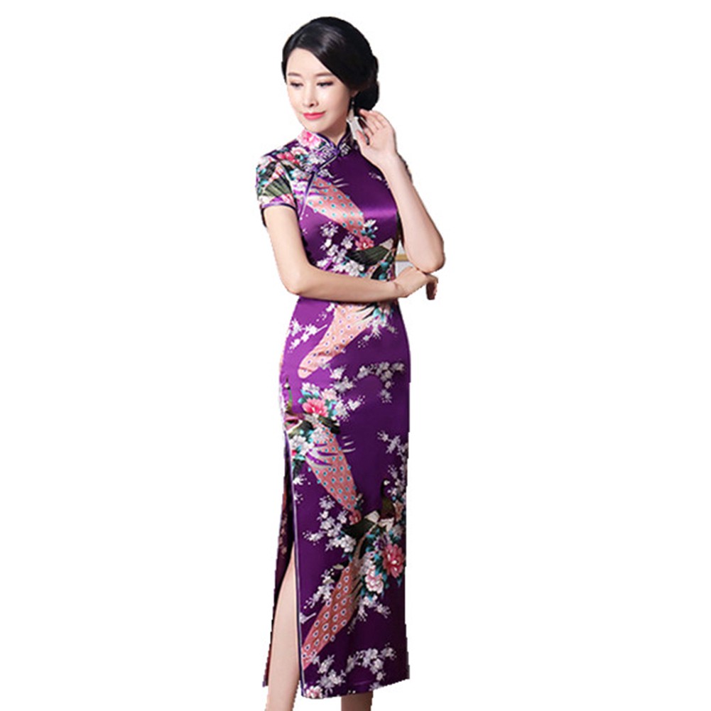 Peacock Print Women Chinese Long Cheongsam Bridesmaid Evening Dress | BigBuy360 - bigbuy360.vn