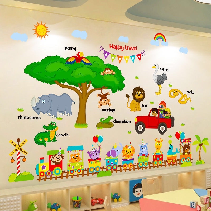 Decal dán tường cho bé đoàn tàu và các con vật