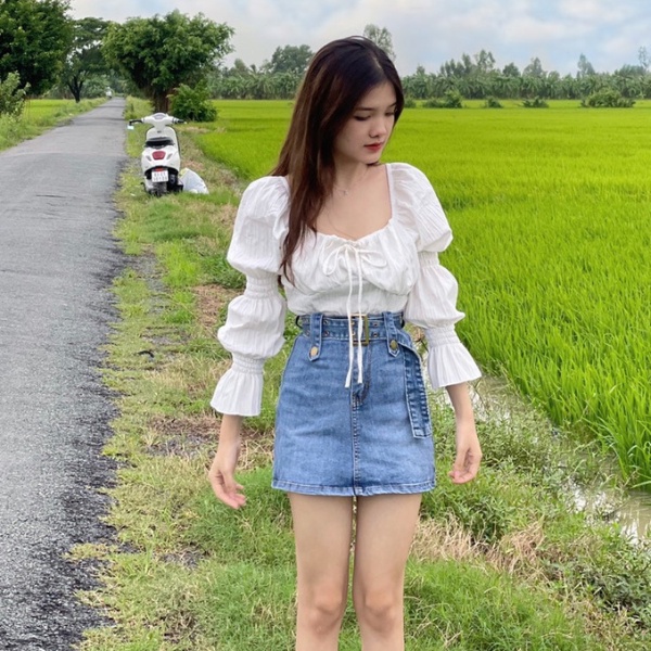 Áo kiểu tay dài cổ vuông cột nơ, áo trễ vai tay bồng ,áo bánh bèo babydoll chất đũi mềm siêu xinh PLA39