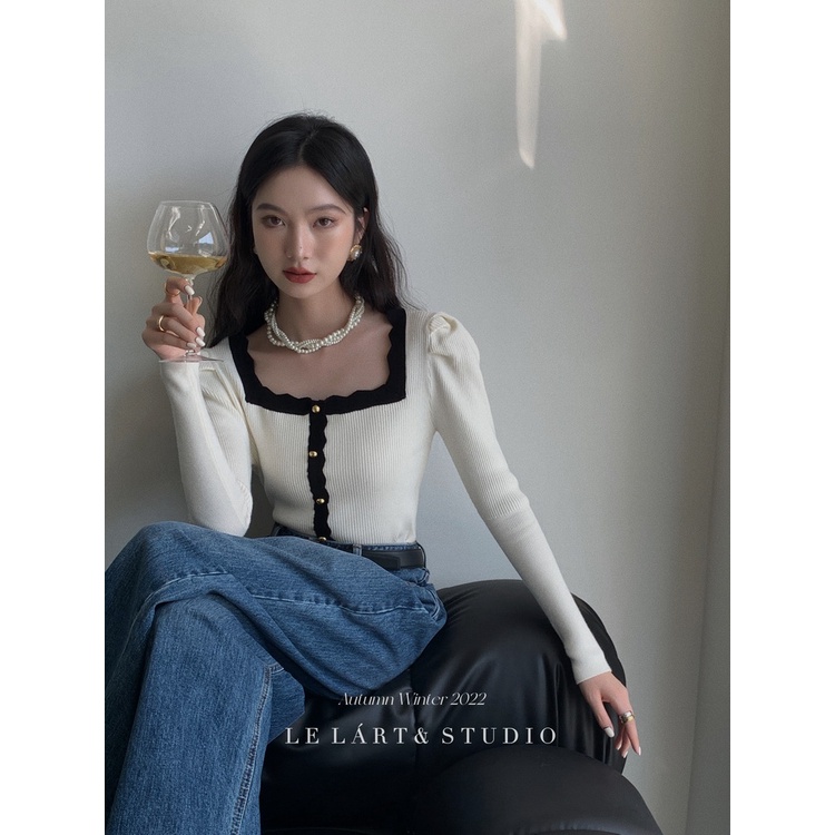 Áo Sweater Dệt Kim Tay Phồng Dài Cổ Vuông Màu Trơn Thời Trang Hàn Quốc Cho Nữ