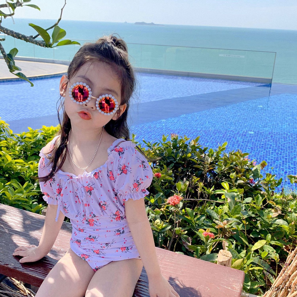 Đồ Bơi Một Mảnh In Hoa Phong Cách Hàn Quốc Kèm Mũ Bơi Cho Bé Gái