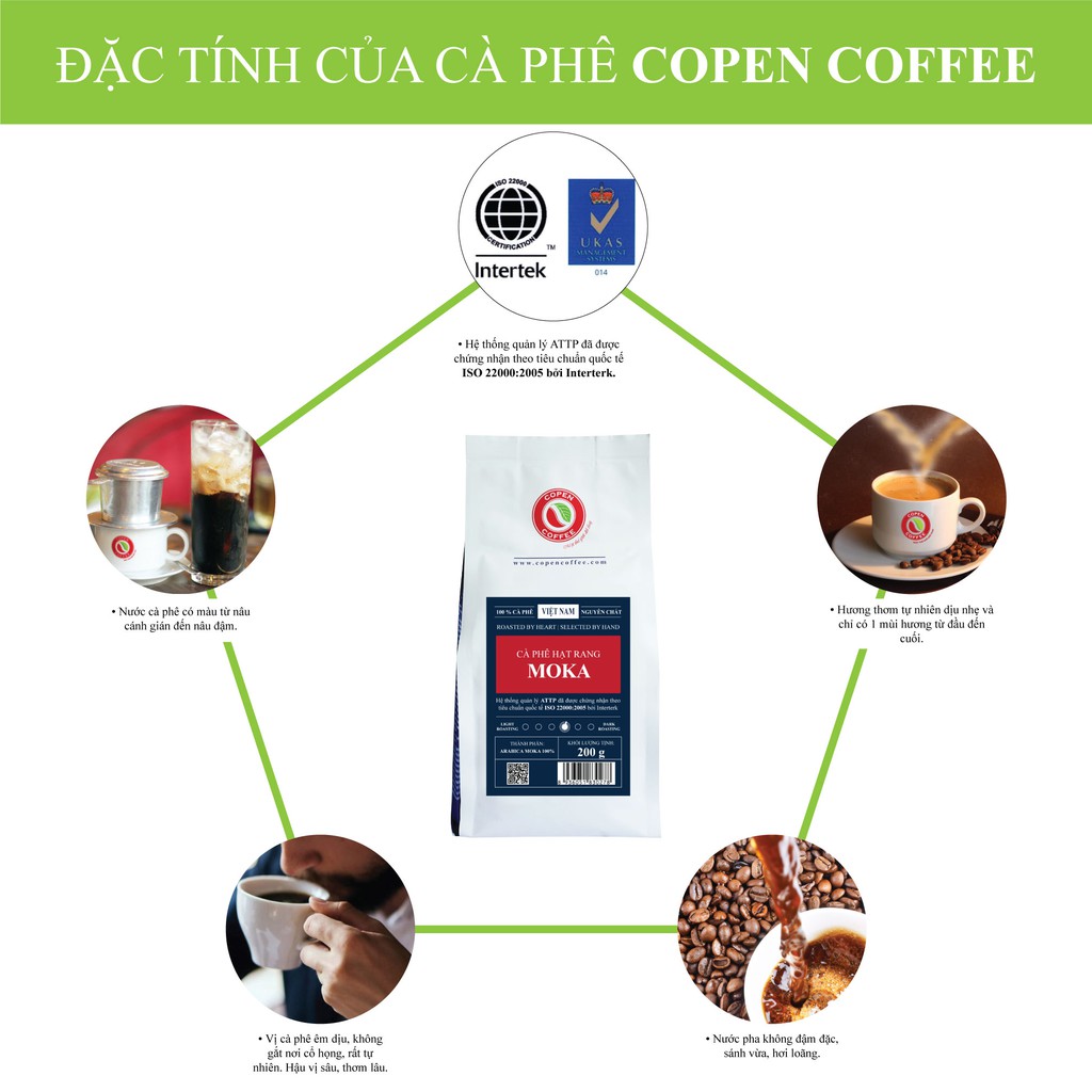 Cà phê hạt Moka Copen Coffee túi 200g (Nguyên Hạt Rang Mộc) đắng nhẹ, xen lẫn vị chua và ngọt, thơm dịu