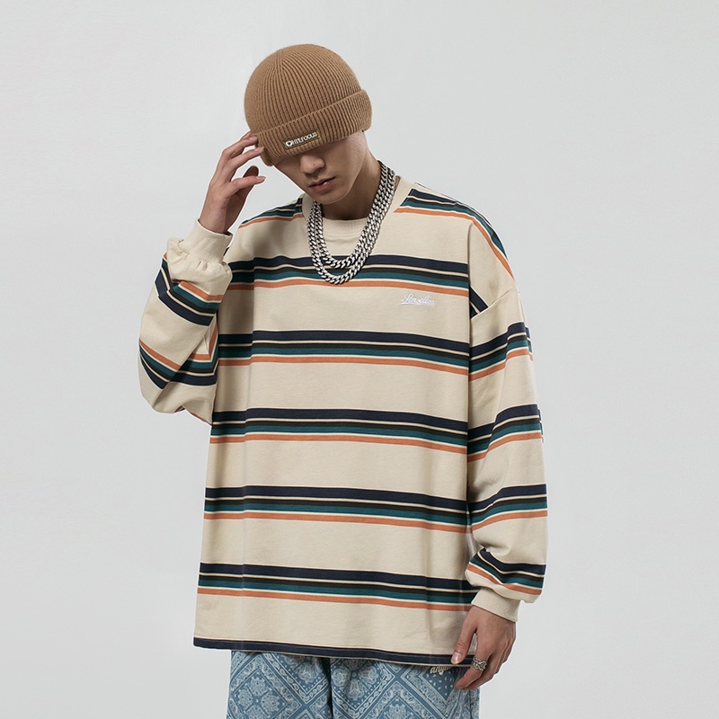 Áo thun cổ tròn tay dài họa tiết kẻ sọc ngang thời trang đường phố hip hop cá tính dành cho cả nam và nữ