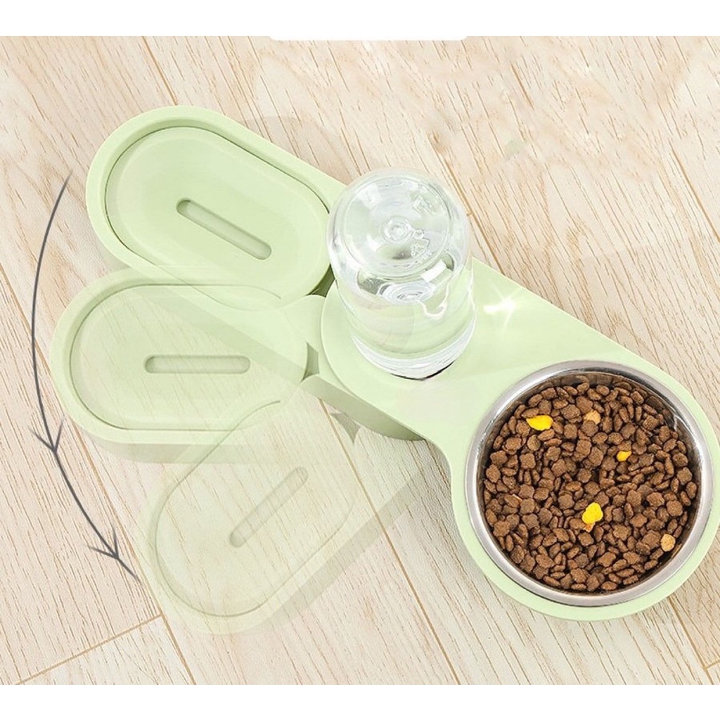 Bộ bát ăn inox kèm bình nước có thể gấp xoay tự động, bát ăn 2 ngăn cho thú cưng