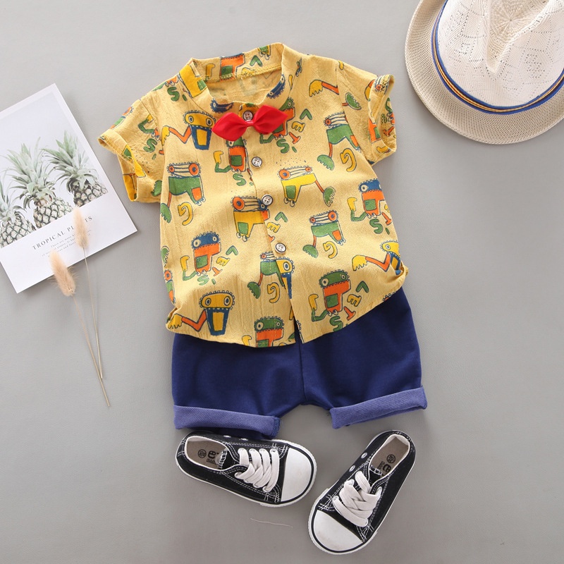 Set Áo Thun Cotton Ngắn Tay Và Quần Short In Hình Xe Xúc Hoạt Hình Cho Bé Trai