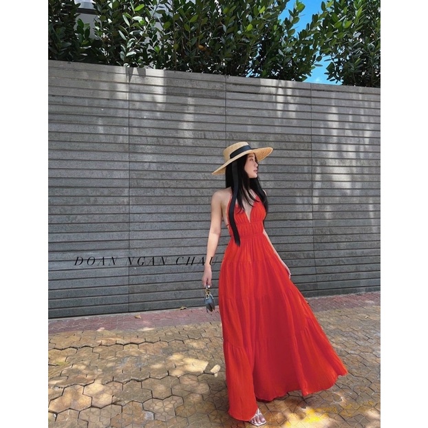 Đầm maxi đũi 2 dây hở lưng / Đỏ / Maxi đi biển, đi chơi