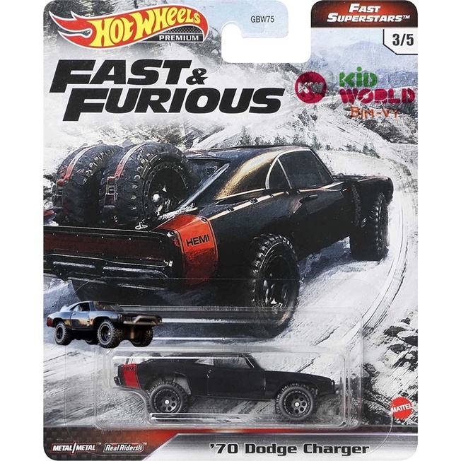 Xe mô hình Hot Wheels Premium Fast &amp; Furious Series 2021 '70 Dodge Charger GRL83, bánh cao su.