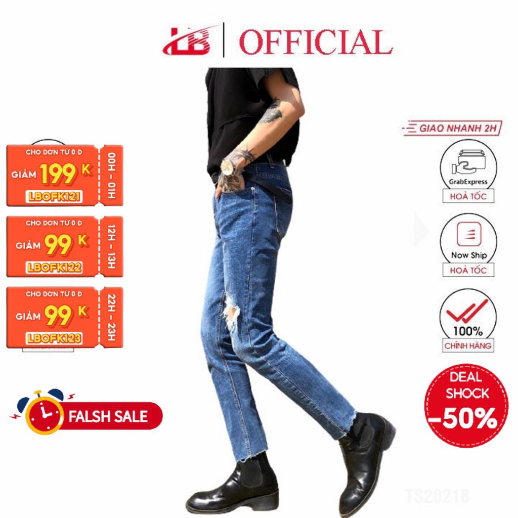 [Mã LT50 giảm 50k đơn 250k] Quần jean dài nam LB màu xanh rách đắp gối màu xanh jean phom body DNBB021