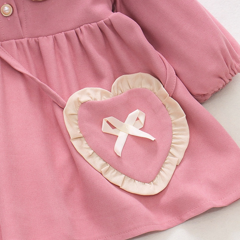 Đầm Cotton Thu Đông Tay Dài Cổ Búp Bê Màu Đỏ / Hồng Phong Cách Hàn Quốc Cho Bé Gái 0-3 Tuổi