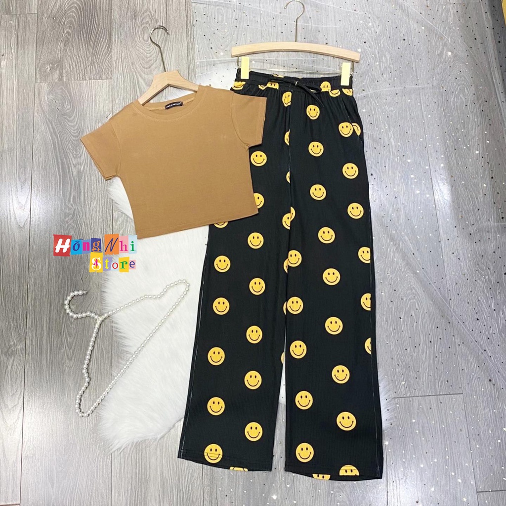 Set Bộ Áo Croptop Ôm Body Phối Quần Thun Gân 3D Hoạt Hình Ống Rộng Ulzzang - MM