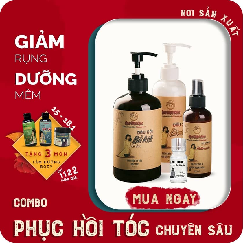 Bộ dầu gội bồ kết, dầu xả, xịt dưỡng tóc, tinh dầu 4 món giảm rụng, tái tạo tóc hư tổn mọi cấp độ QUÊ MỘT CỤC (HANDMADE)