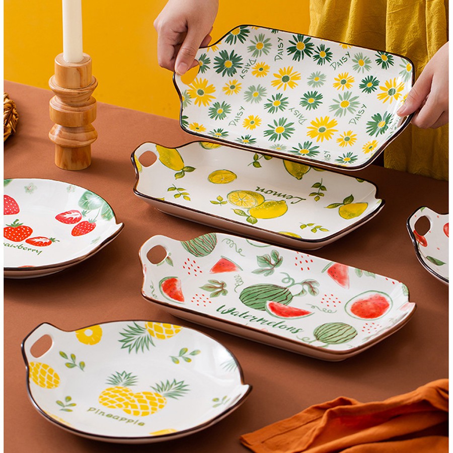 Đĩa chữ nhật, đĩa decor bàn ăn size 30cm họa tiết hoa quả cực xinh
