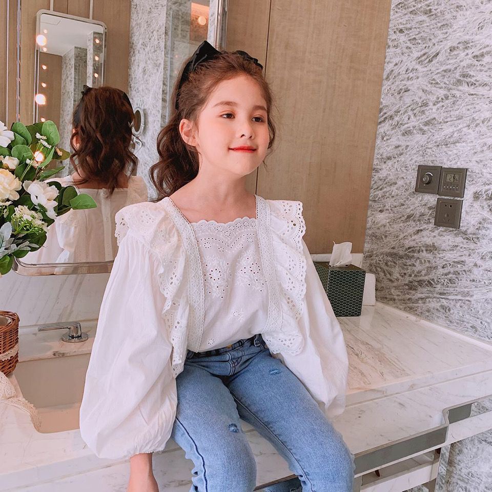 Áo Sơ Mi Tay Phồng Dài Phong Cách Phương Tây Dễ Phối Đồ Thời Trang Mùa Thu Cho Bé Gái