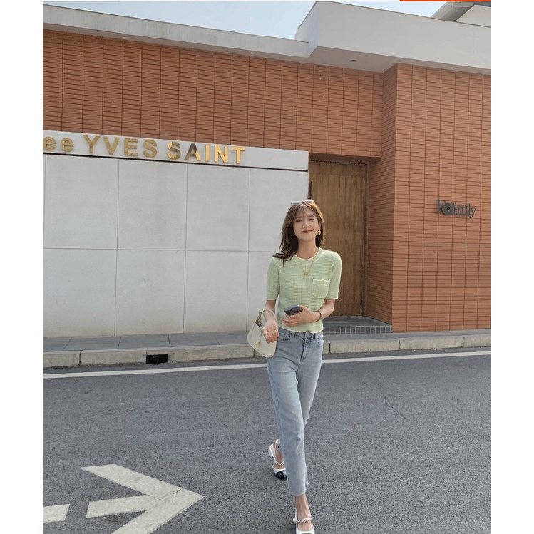 Áo Thun Dệt Kim Tay Ngắn Dáng Ôm Đơn Giản Phong Cách Hàn Quốc Cho Nữ