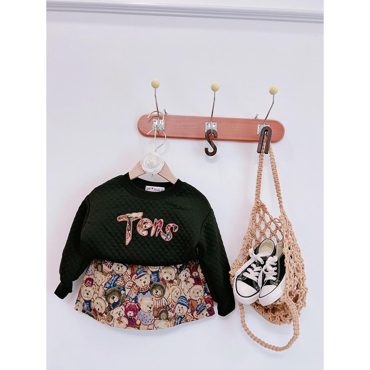Bộ Quần Áo Trẻ Em Dài Tay Thu Đông Áo In Chữ TENS Chân Váy Dạ Gấu Vải Cotton Cho Bé Từ 10-30kg Mã DT44