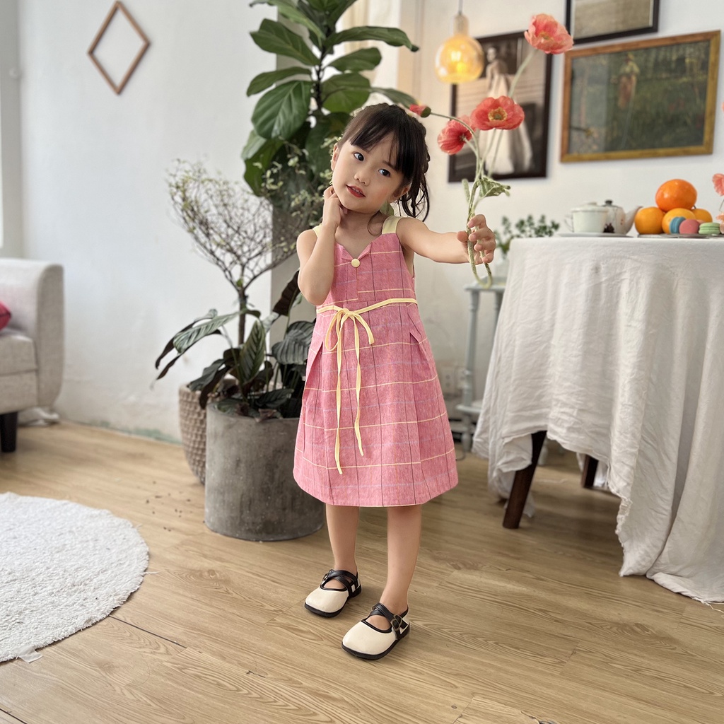 Váy trẻ em Hai Dây Dáng Suông Linen Đỏ Mận Sọc Cho Bé Gái V033