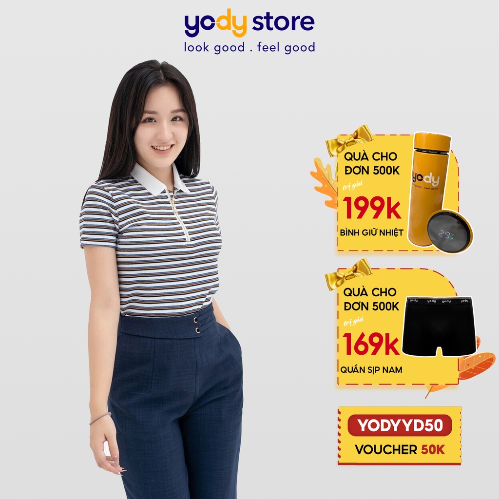 Áo phông polo nữ YODY kẻ ngang có khóa cổ mềm mịn thoáng mát - APN3766