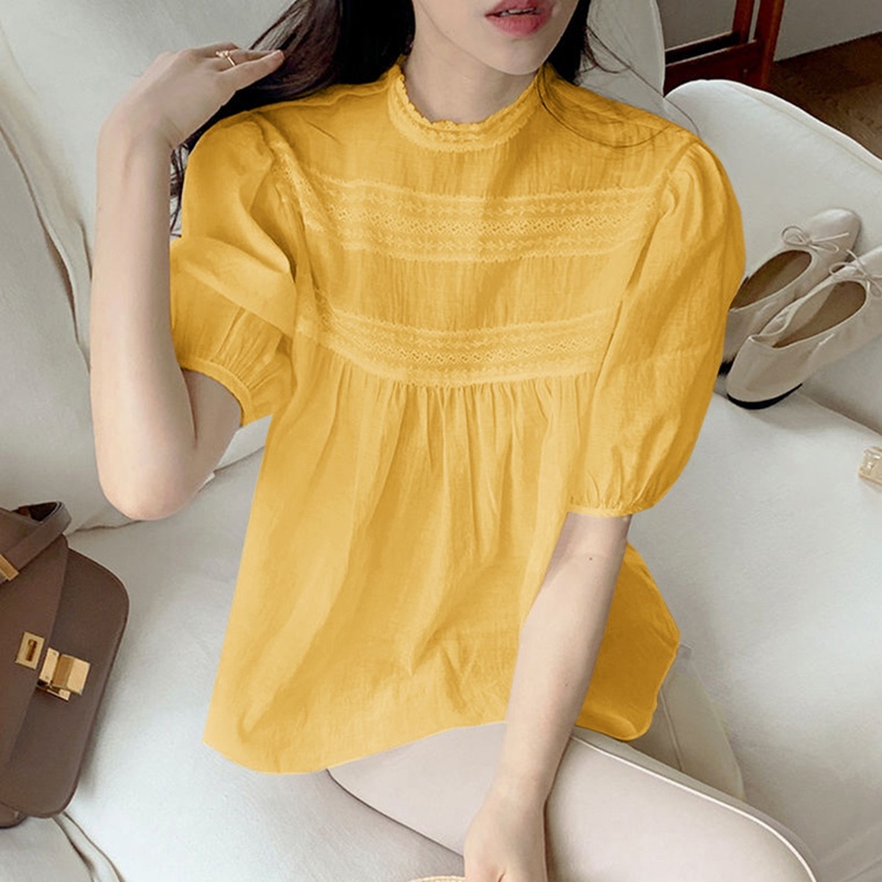 Áo kiểu VONDA tay ngắn xếp ly màu sắc đơn giản phong cách Hàn Quốc nữ tính thanh lịch