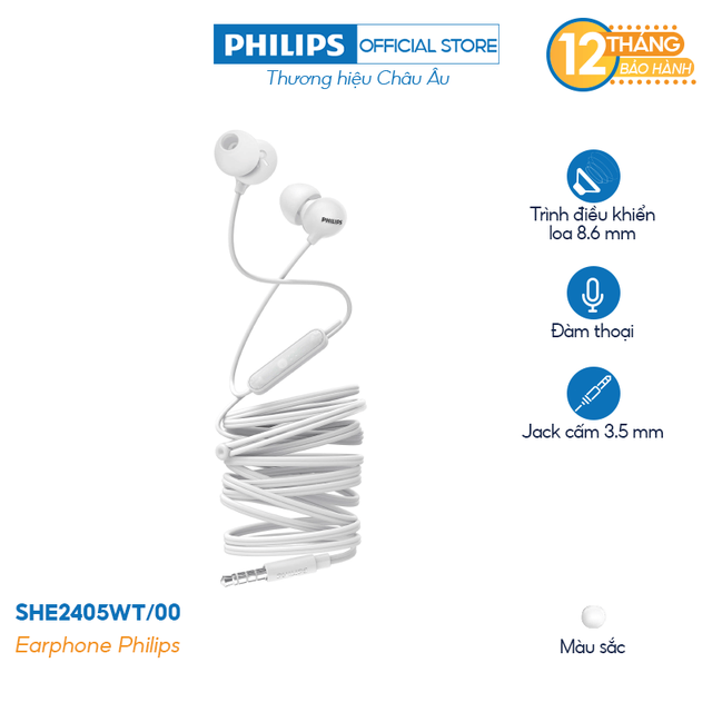 [Mã 267ELSALE hoàn 7% xu đơn 300K] Earphone Philips SHE2405WT/00 - White, with Mic