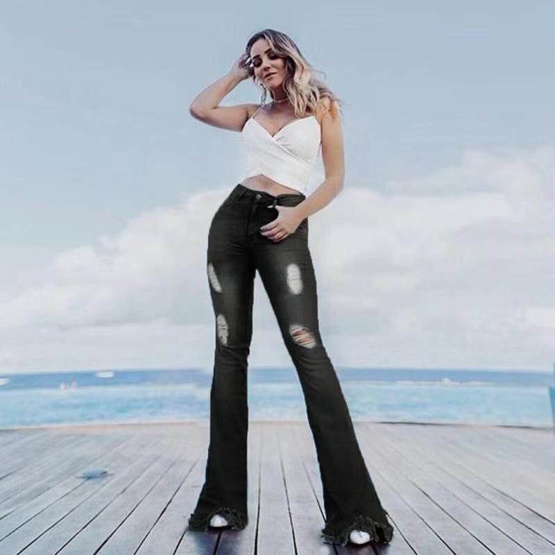 Quần Jeans Nữ Ống Loe Lưng Cao Xẻ Rách Plus Size