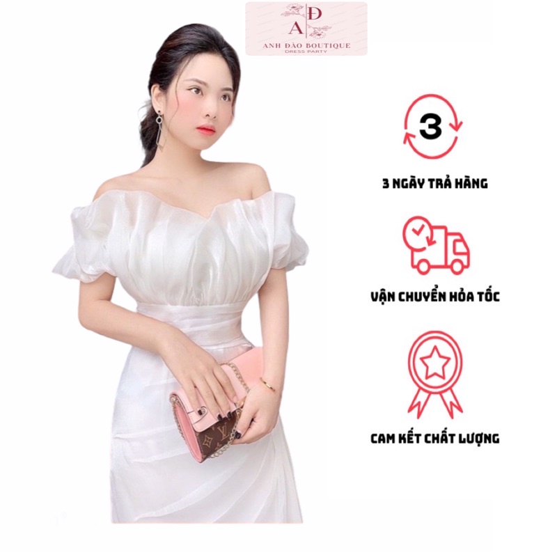 Váy đầm trắng dự tiệc ôm body sang trọng trễ vai xếp ly nhún body chất voan tơ V0033 freesize AĐ BOUTIQUE