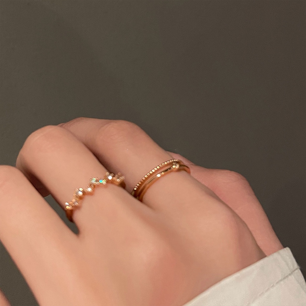 Nhẫn Đeo Tay Gợn Sóng Hai Lớp Đính Đá Zircon Màu Vàng Hồng Trắng Tinh Tế Thời Trang Độc Đáo