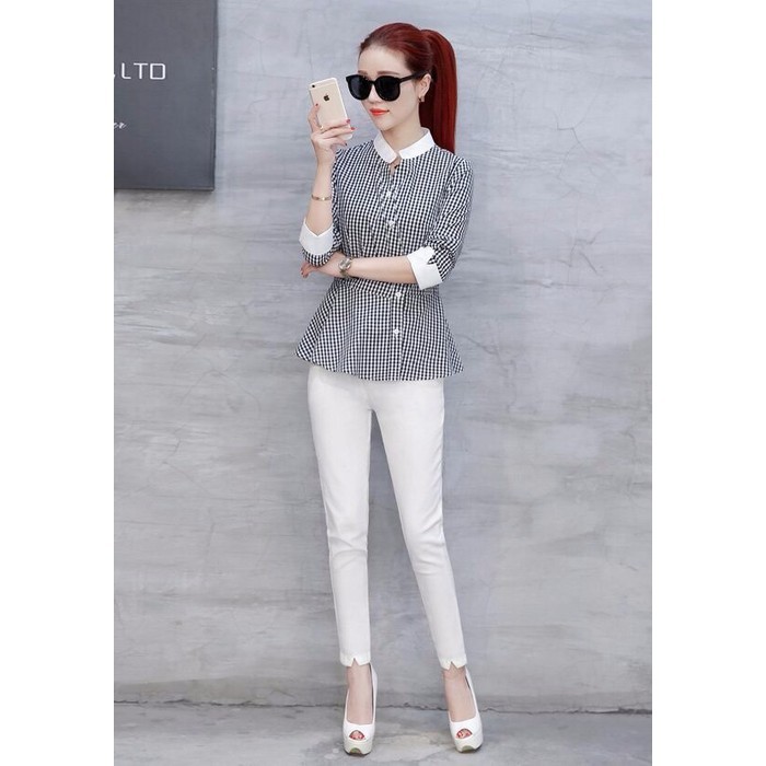 Áo sơ mi nữ ❣️FREESHIP❣️Áo kiểu sọc caro peplum Phom dáng ao chuẩn đẹp,