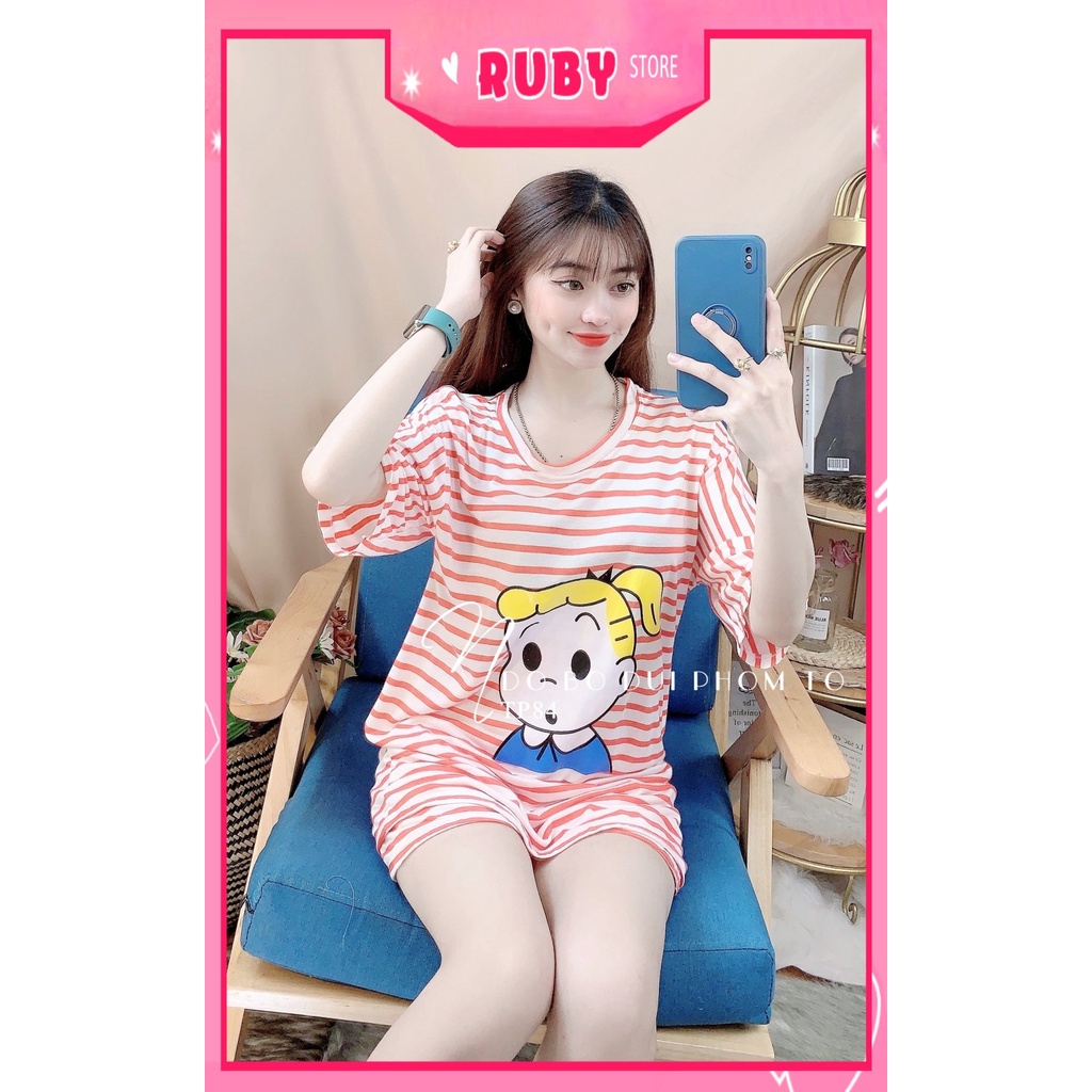 Đồ bộ nữ mặc nhà phom to chất thun mềm mát phối sọc in hoạt hình dễ thương TP84