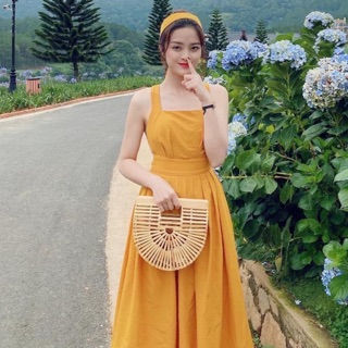 Đầm maxi vàng dây chéo lưng