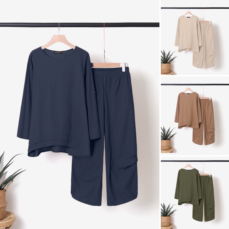 Set đồ ZANZEA gồm áo thun tay lỡ cổ tròn + quần dài ống rộng thời trang cho nữ