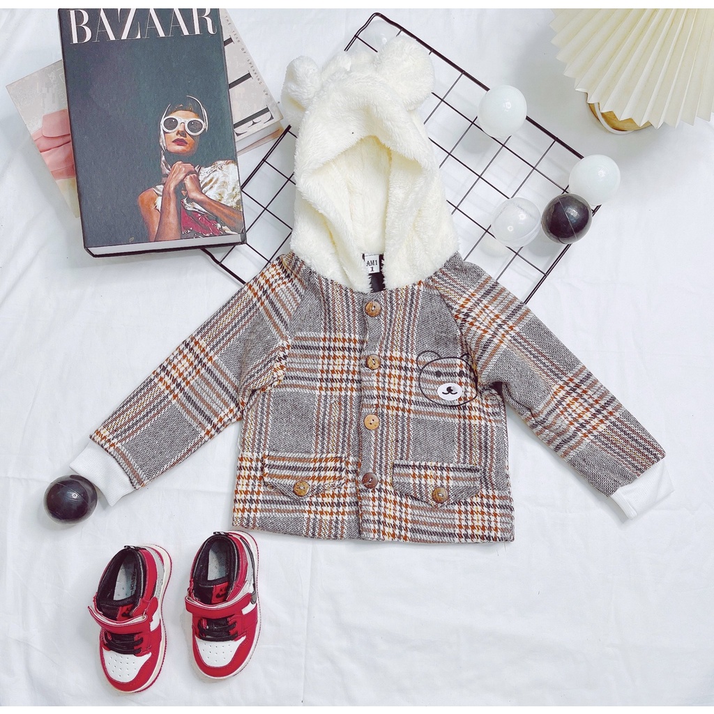 Áo Khoác Dạ Kẻ Mũ Tai Gấu Chất Đẹp AM411 Cho Bé Trai Và Bé Gái TTR135
