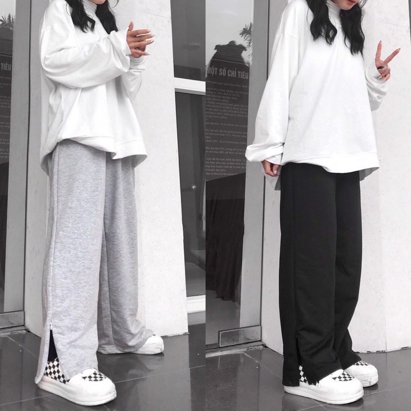 Quần Nỉ Ống Rộng Phối Dây Kéo CANI PANTS Dáng Suông Ulzzang (Đen/Xám)