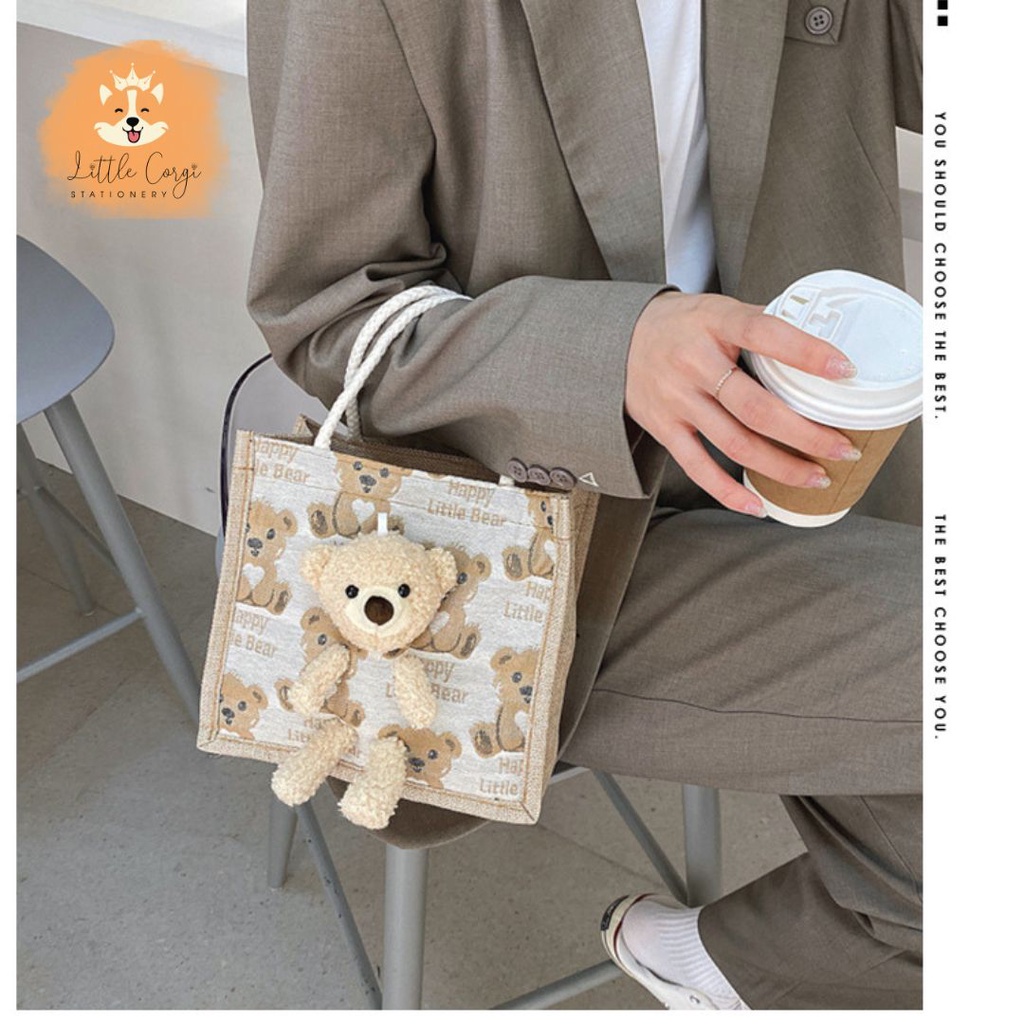 Túi xách vải bố hình gấu nhiều màu lựa chọn - Túi cói mini gấu bông hàng đẹp