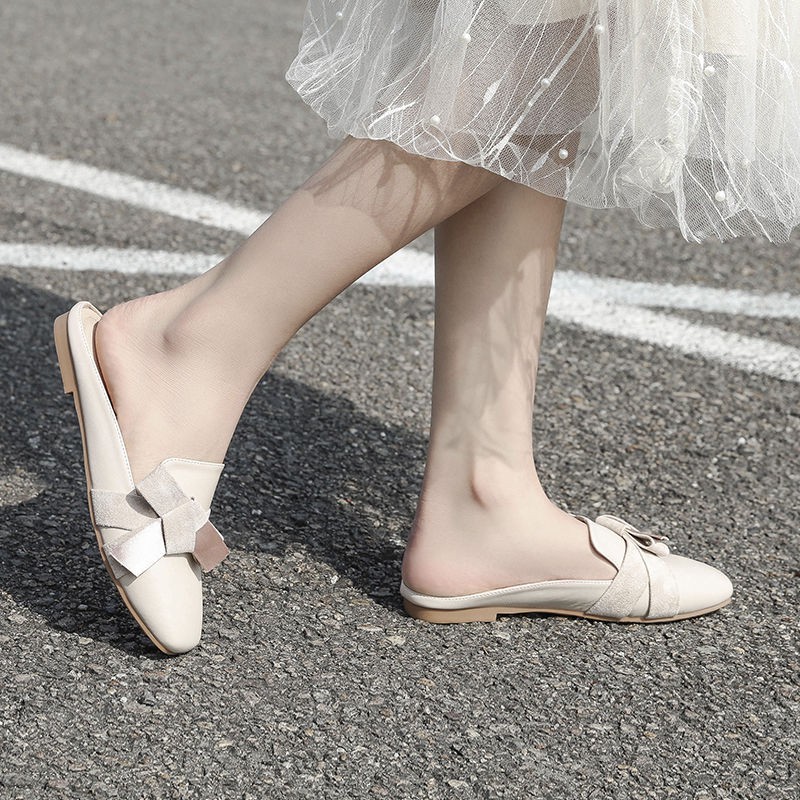 Dép Sục nữ da trơn phối vải buộc nơ cao 2cm