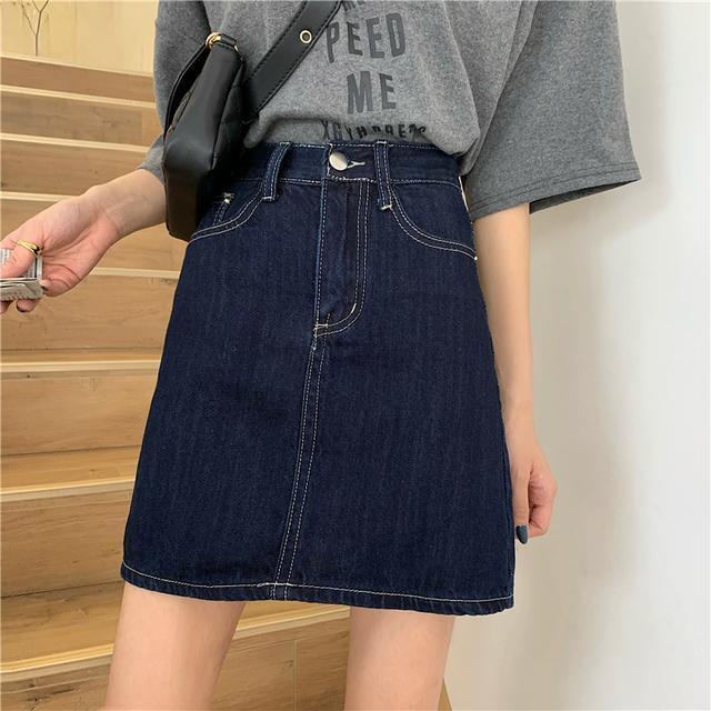 Chân Váy Denim Chữ A Lưng Cao Màu Xanh Dương Đậm Phong Cách Hàn Quốc Thời Trang Mùa Hè Mới Cho Nữ