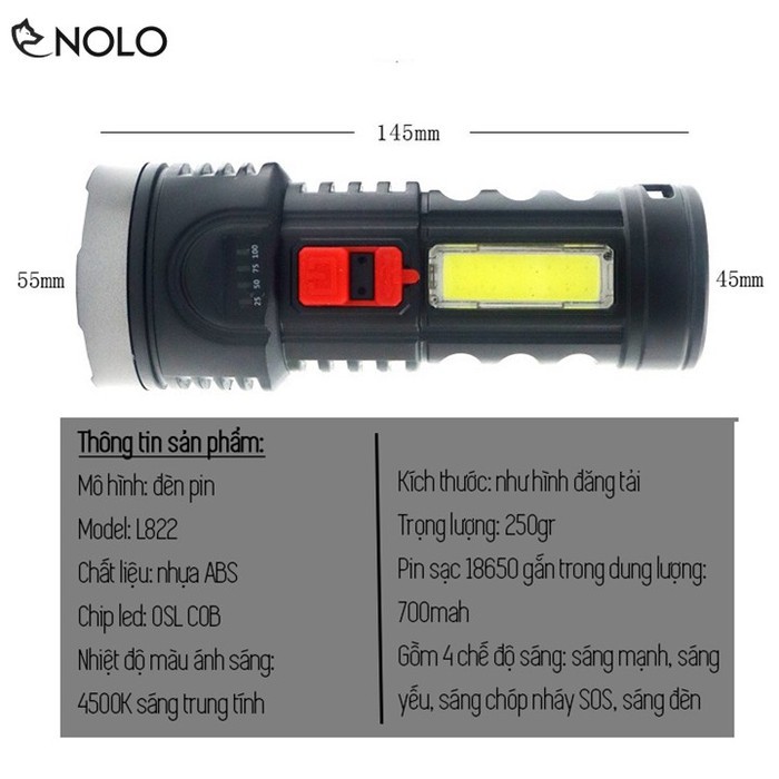 Đèn Pin Sạc LED COB Siêu Sáng 4 Chế Độ Sáng Model L822 Dung Lượng Pin 700mah Có Báo Mức Pin Vỏ Nhựa ABS
