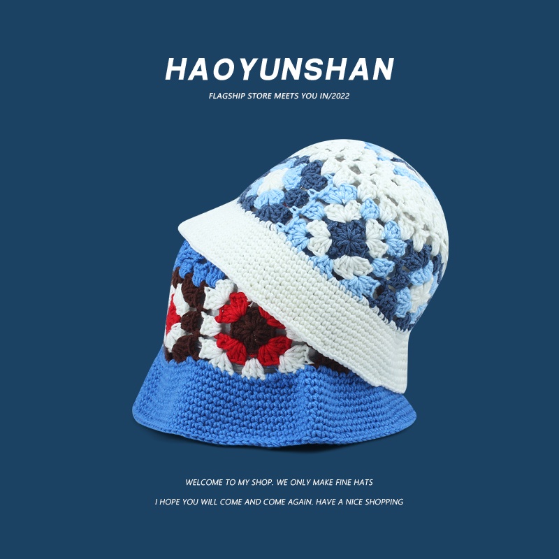 Mũ Bucket Đan Len Thủ Công Thoáng Khí Màu Sắc Tương Phản Phong Cách Nhật Bản Cho Nữ